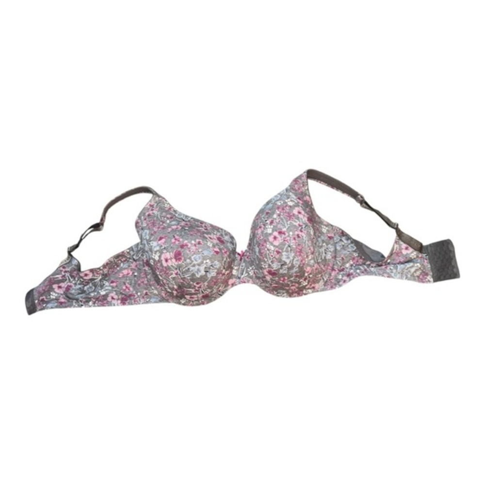 Cacique 46DDD Bra Gray Floral Plunge‎ Underwire Back Closure Cotton Blend